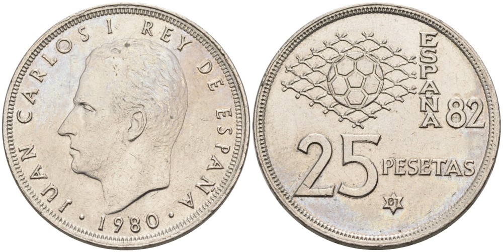 Испания 25 песет 1980 (81) чемпионат мира по футболу в Испании 1982 года, Хуан Карлос I KM 818 медно-никель 189-913
