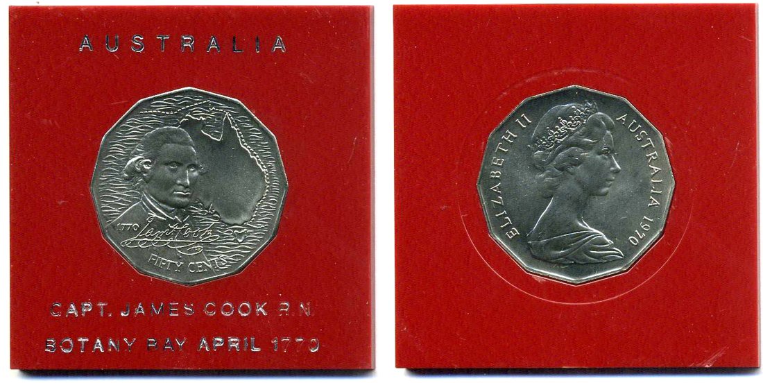 Австралия 50 центов 1970 200 лет путешествию Джеймса Кука, в оригинальной пластиковой коробке KM 69 медно-никель UNC 1-5-2-53