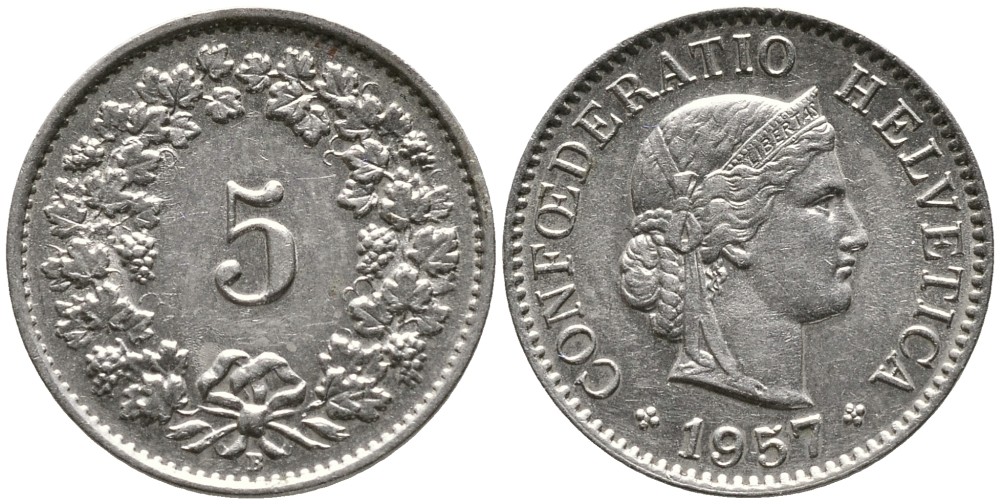 ШВЕЙЦАРИЯ 5 РАППЕНОВ 1957 KM 26 медно-никель 4528-642