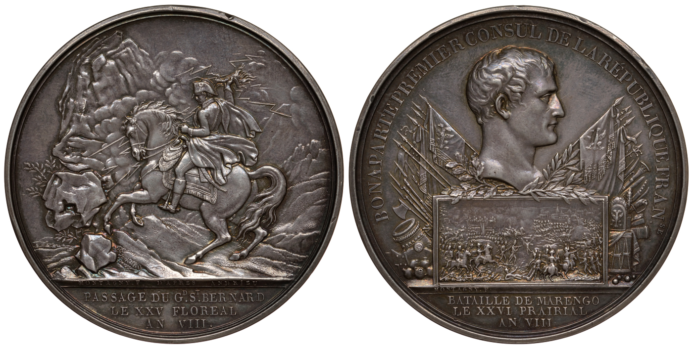 Франция медаль 1800 (AN 8) Наполеон Бонапарт - первый консул Французской Республики. Битва при перевале Сен-Бернар, битва при Маренго, великолепная красивая патина, вес 80,4 гр., диаметр 60 мм Bramsen 33, к Julius 784 (бронза) серебро UNC 10-004-23