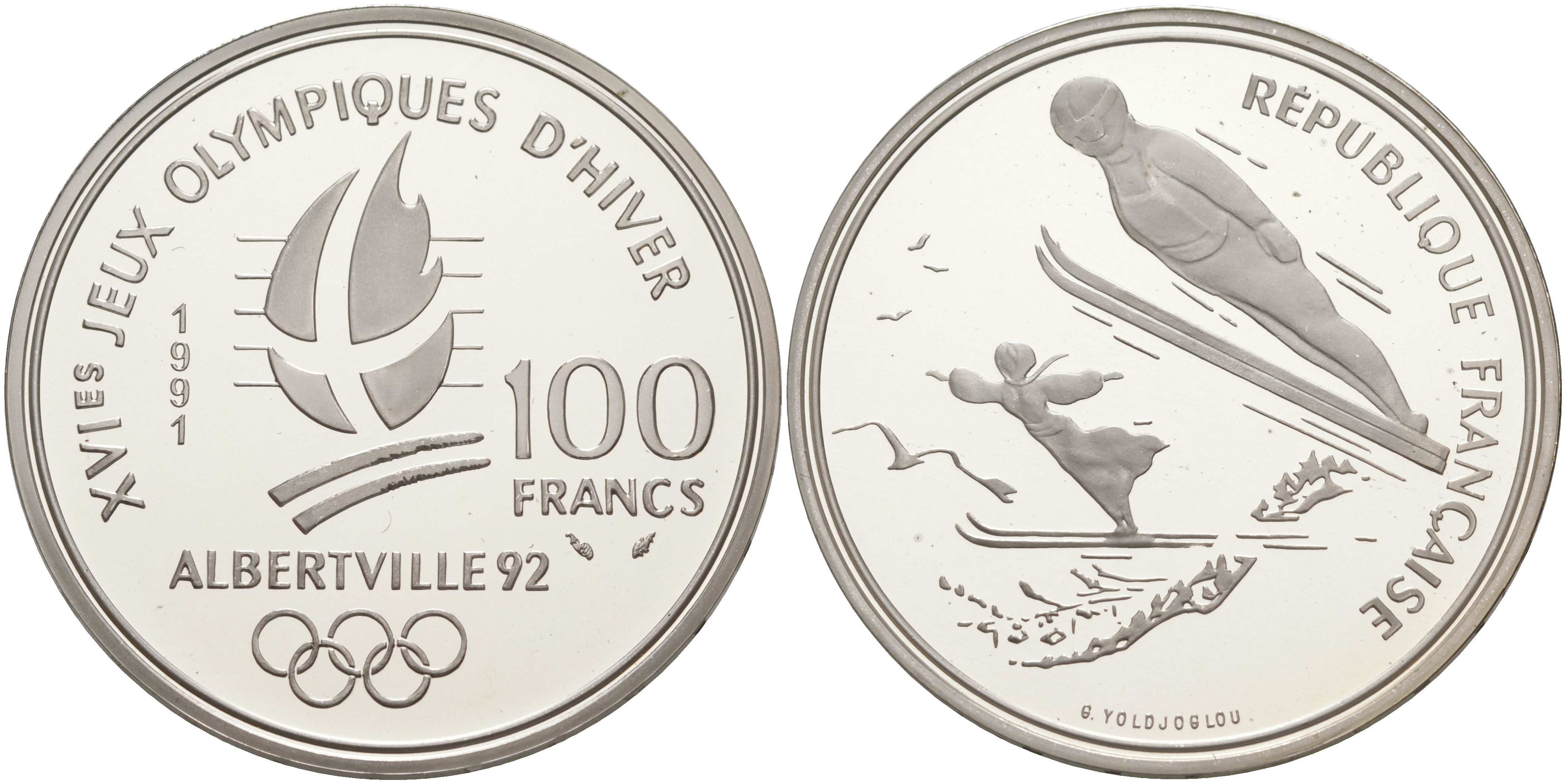 Франция 100 франков 1991 XVI Зимние Олимпийские игры 1992 в Альбервиле, прыжки с трамплина KM 995 серебро PROOF 1091-8-64