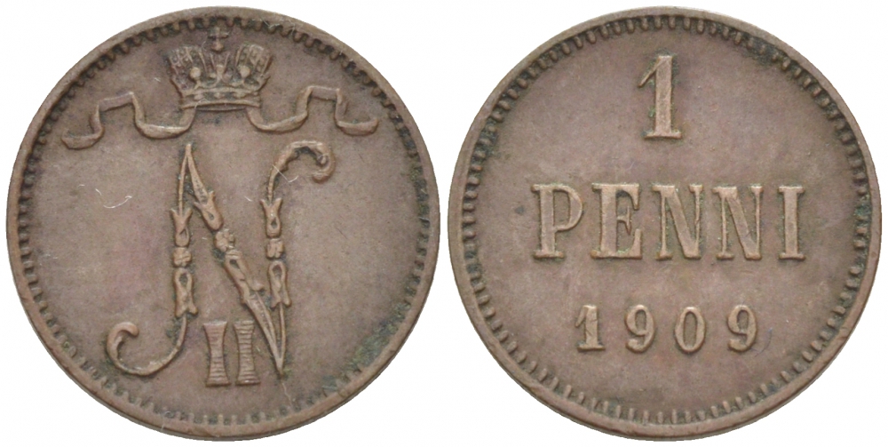 Россия для Финляндии 1 пенни 1909 Николай II (1894-1917) KM 13, Биткин 470 медь 4396-1312