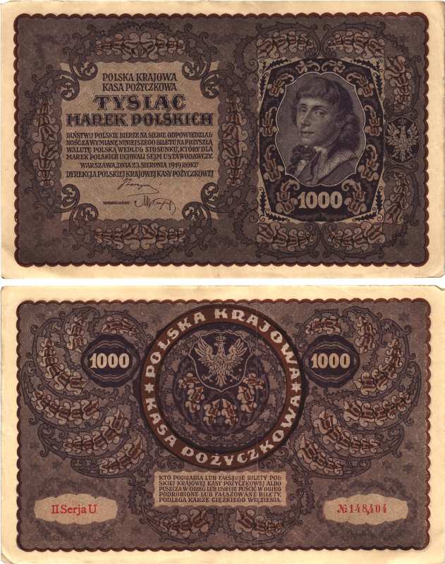 Польша 1000 марок 1919 23 августа 1919, II серия, портрет Костюшко, серия U Pick 29 (2)  бумага   8609-12-1-1