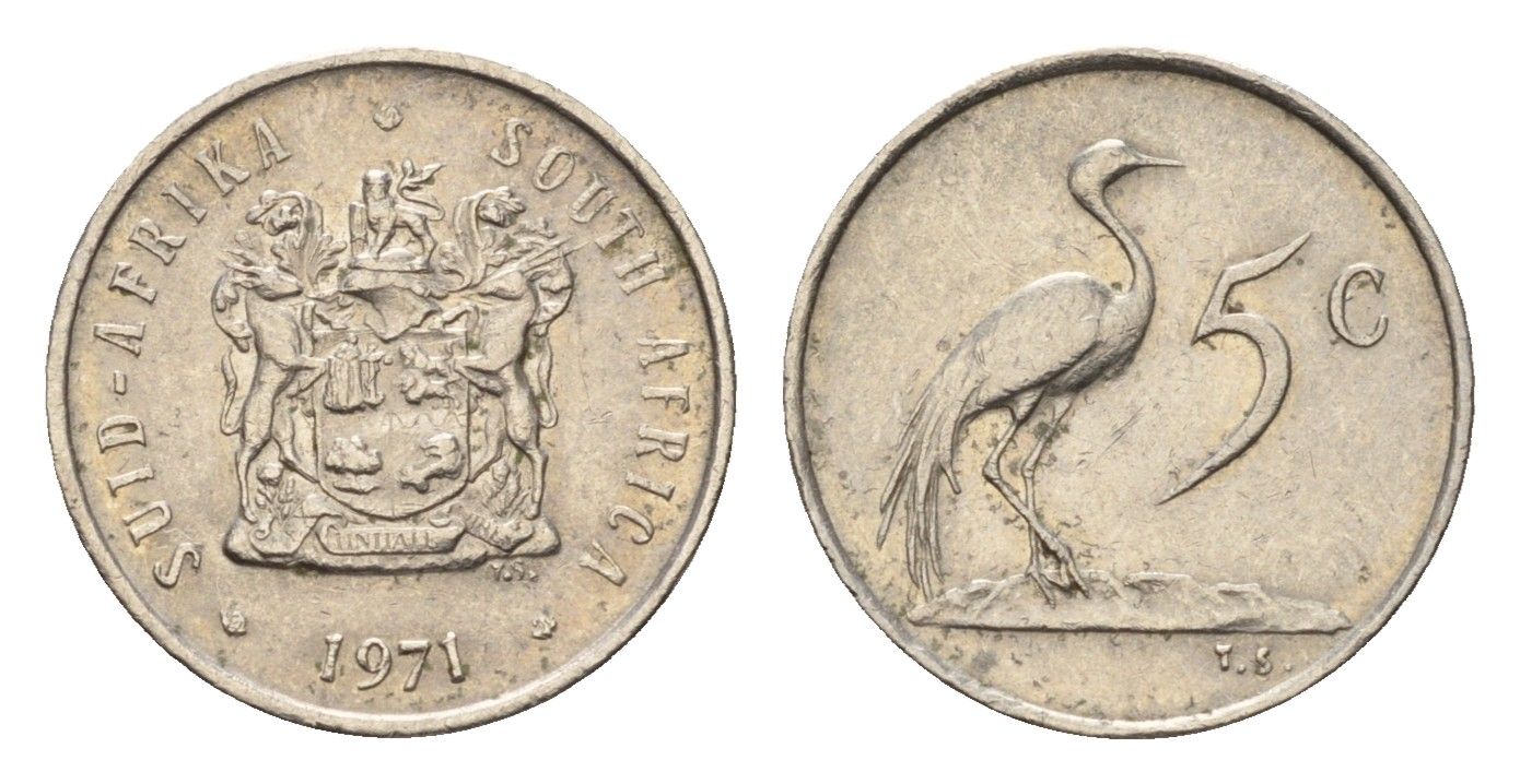 ЮАР 5 центов 1971 герб, райский журавль KM 84 никель 4643-216