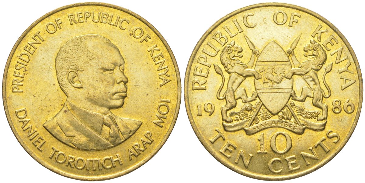 Кения 10 центов 1986 KM 18 никель латунь 4364-3813