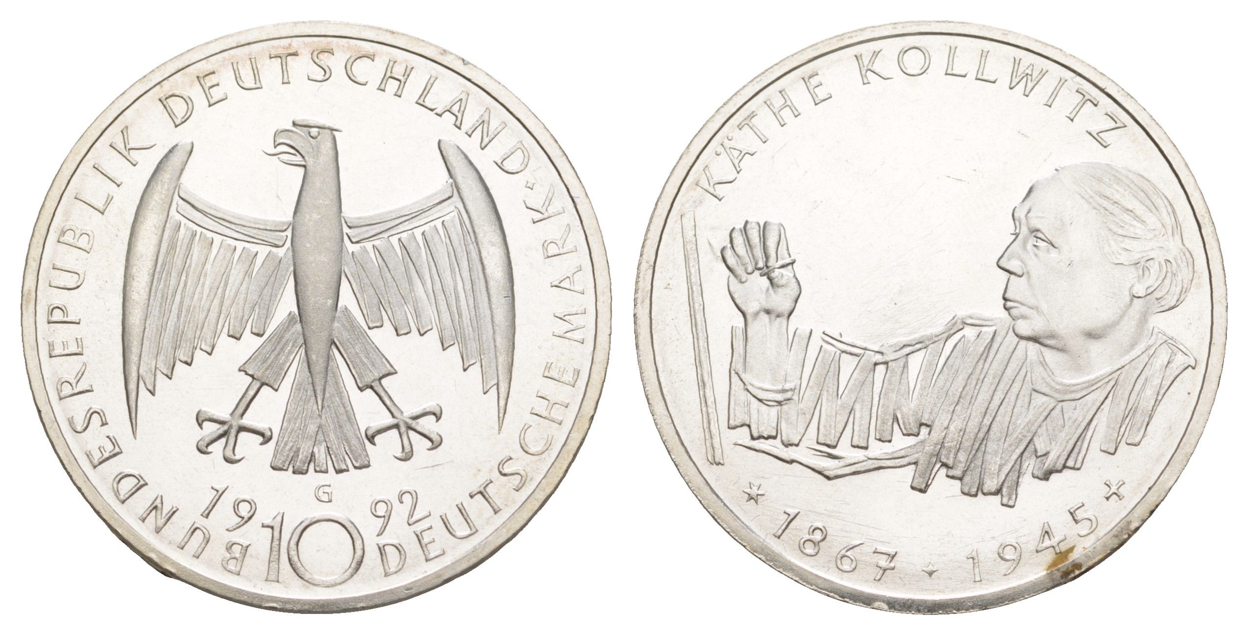 ФРГ 10 марок 1992 G, 125 лет со дня рождения Кете Кольвиц KM 178 серебро UNC 4634-1016