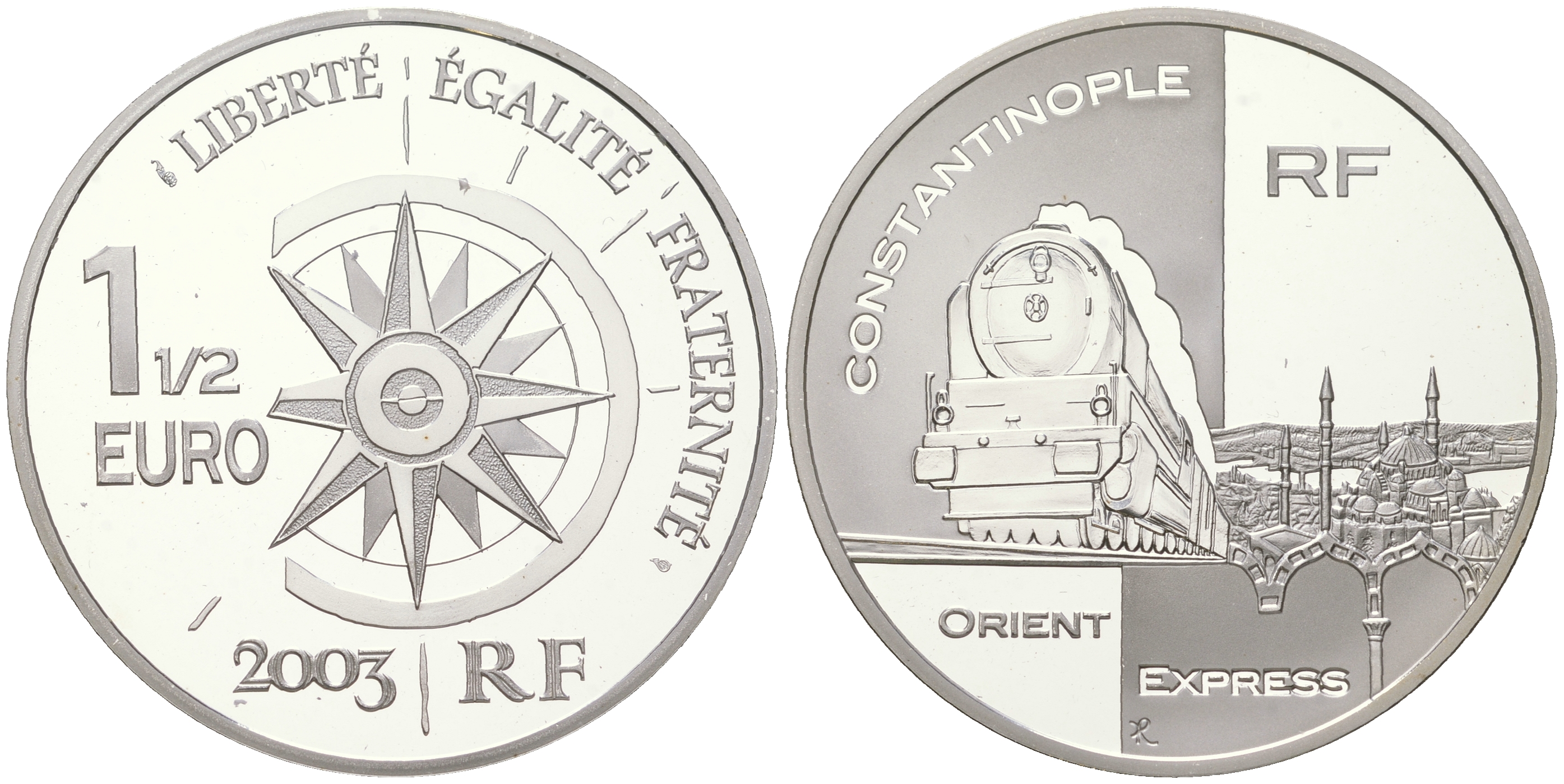 Франция 1 1/2 евро 2003 серия история путешествий, восточный экспресс, в оригинальной коробке KM 2006 серебро  PROOF  3-4-6-05