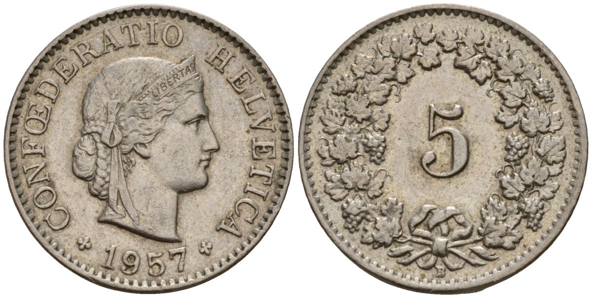 Швейцария 5 раппенов 1957 B KM 26 медно-никель 4189-331