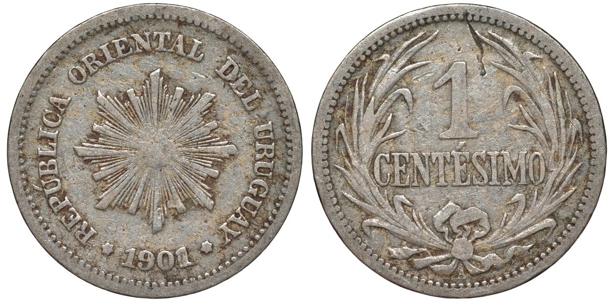 Уругвай 1 сентесимо 1901 KM 19 медно-никель 4169-561