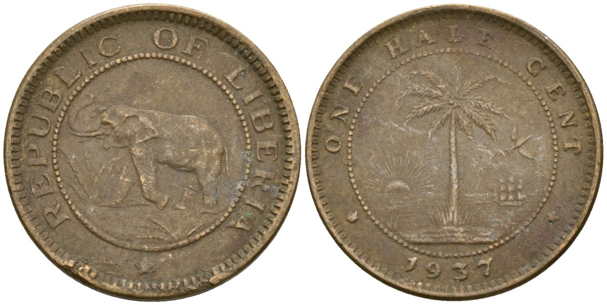 Либерия 1/2 цента 1937 KM 10 латунь 4174-339