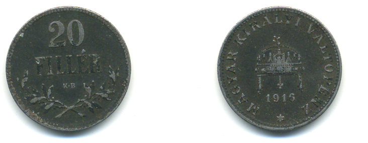 Венгрия 20 филлеров 1916 КВ, Карл I (1916-1918) KM 498 железо 93-415