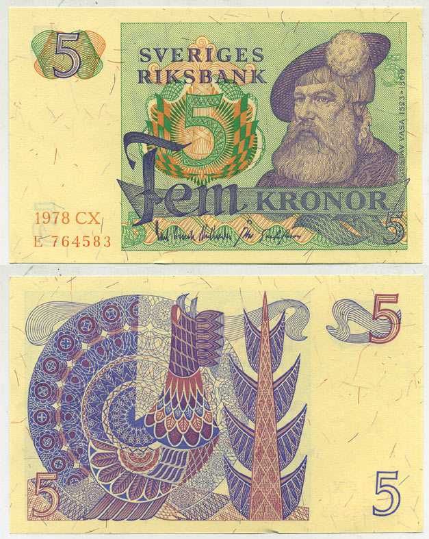 Швеция 5 крон 1978 CX, Густав I Ваза Pick 51d бумага aUNC 444-116-1