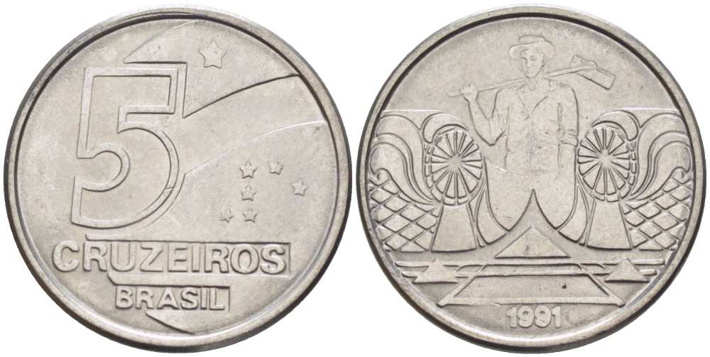 Бразилия 5 крузейро 1990 фермер KM 618.1 нержавеющая сталь 3851-1216