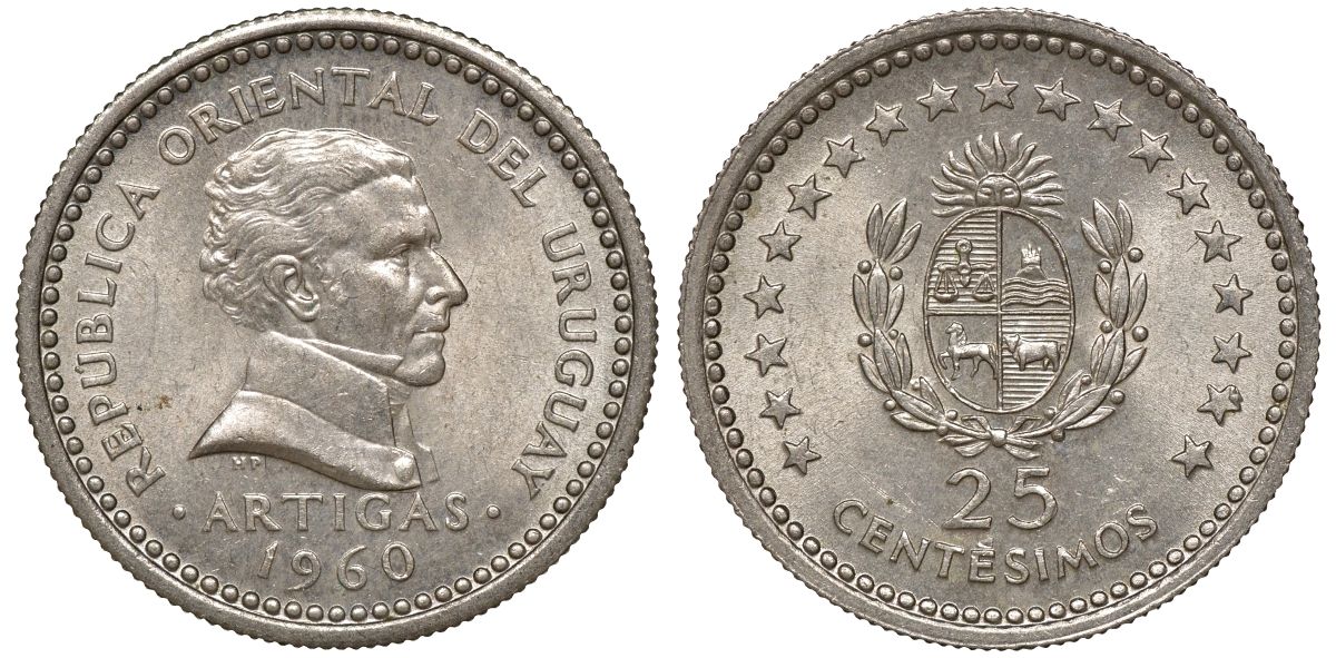 Уругвай 25 сентесимо 1960 KM 40 медно-никель 4169-925