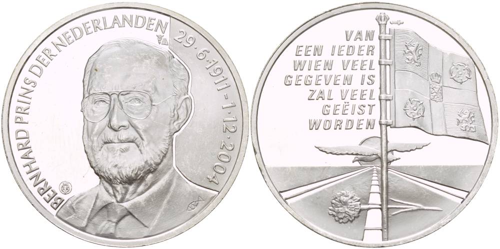 НИДЕРЛАНДЫ МЕДАЛЬ 2004 НА СМЕРТЬ ПРИНЦА-КОНСОРТА НИДЕРЛАНДОВ БЕРНХАРДА (29.06.1911-1.12.2004), МУЖА КОРОЛЕВЫ ЮЛИАНЫ, ДИАМЕТР 38 ММ., ВЕС 25,13 ГР. серебро PROOF 1088-5-21