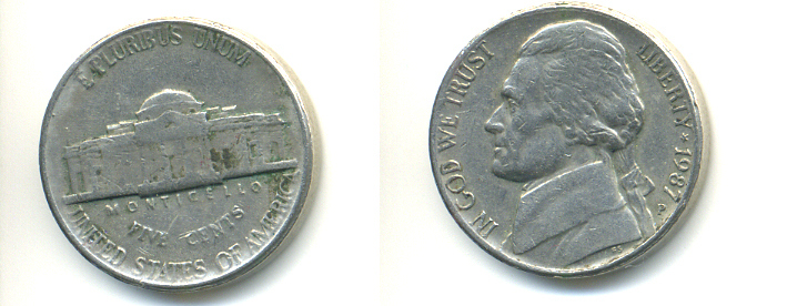 США 5 ЦЕНТОВ 1987 P ДЖЕФФЕРСОН KM А192 медно-никель 86-616