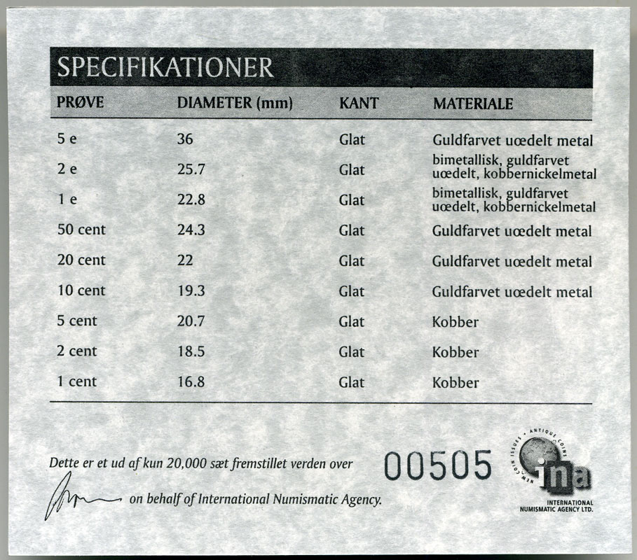 Дания евронабор из 9 монет 2002 proba, пробники, в оригинальной коробке, с сертификатом, включая 5 евро, запайка PROOF 1-4-6-08