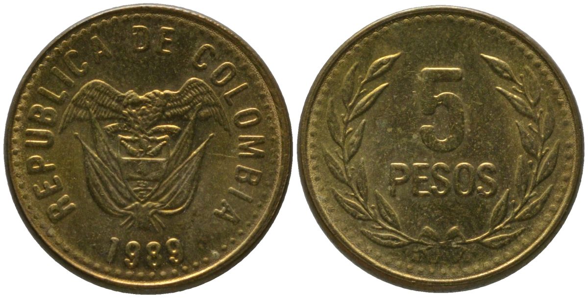 Колумбия 5 песо 1989 KM 280 алюминиевая бронза 4528-254