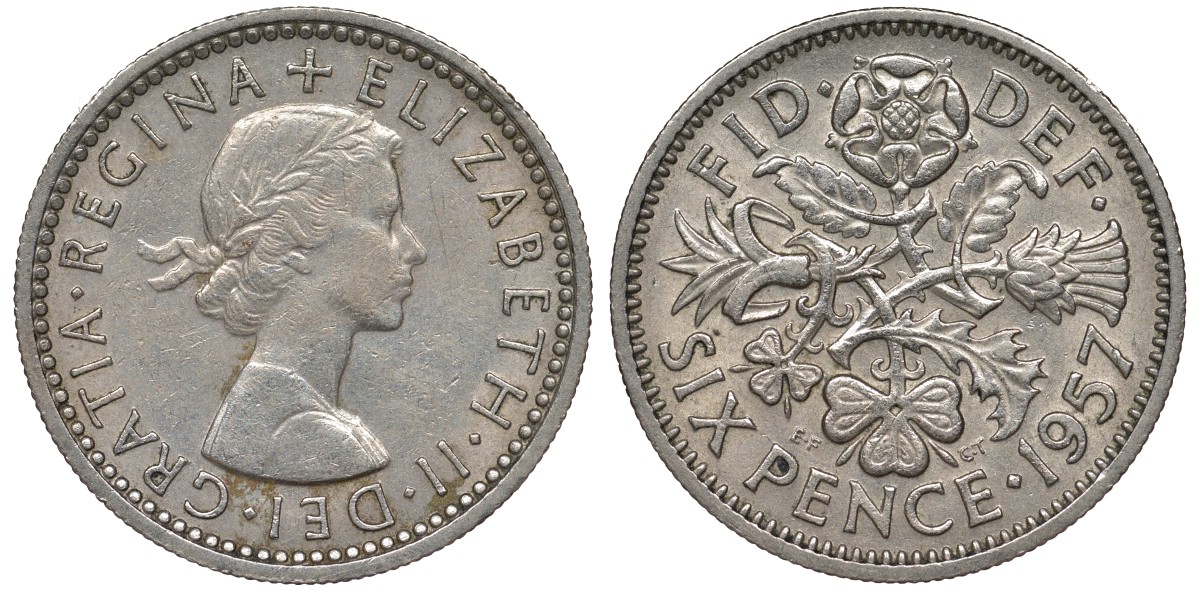 Великобритания 6 пенсов 1957 Елизавета II (1952-2022) KM 903, Spink 4149 медно-никель 4122-616