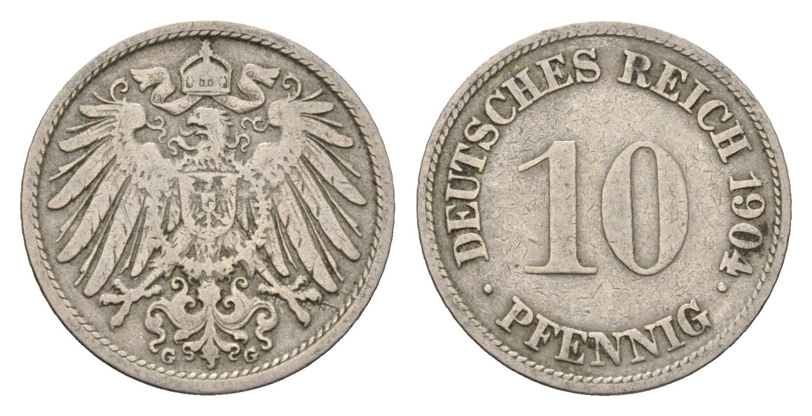 Германия 10 пфеннигов 1904 G, Вильгельм II (1888-1918) KM 12, J. 13 медно-никель 54-614