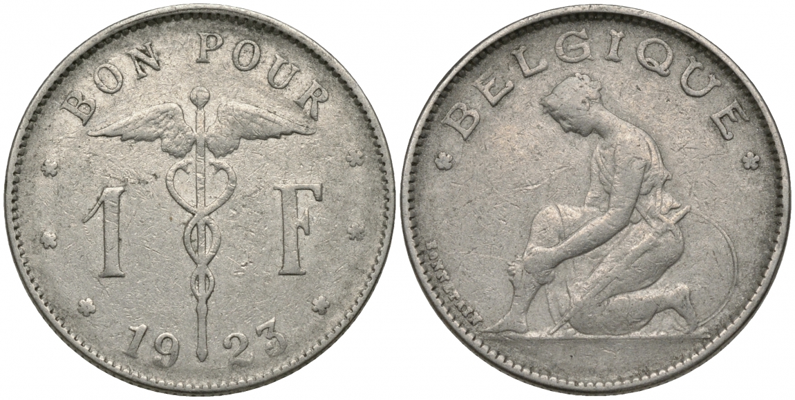 Бельгия 1 франк 1923 Belgique, Альберт I (1909-1934) KM 89 никель 51-1942