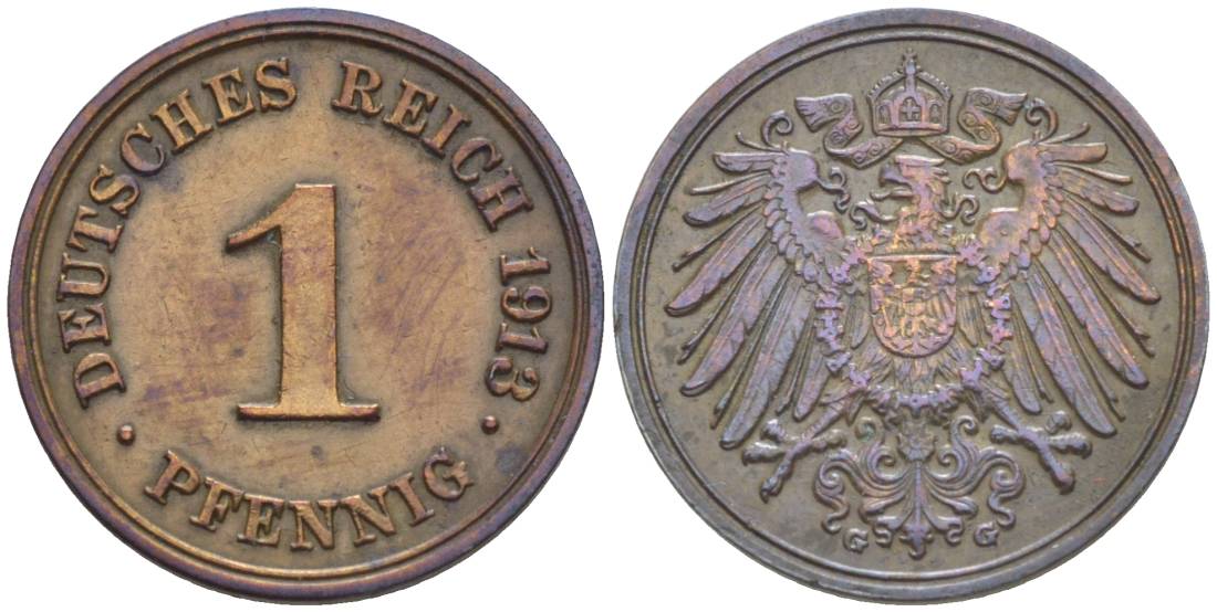 ГЕРМАНИЯ 1 ПФЕННИГ 1913 G KM 10, Jager. 10, Weege 2 медь 4528-715