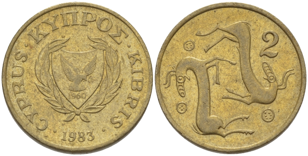 КИПР 2 ЦЕНТА 1983 KM 54.1 никель латунь 66-458
