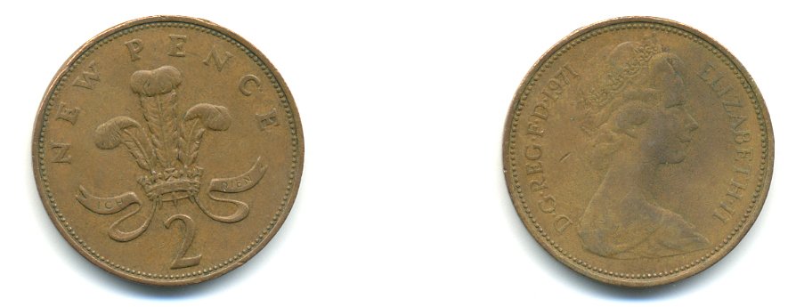 Великобритания 2 пенса 1971 Елизавета II (1952-2022) KM 916, Spink 4235 (C1) бронза 59-1341