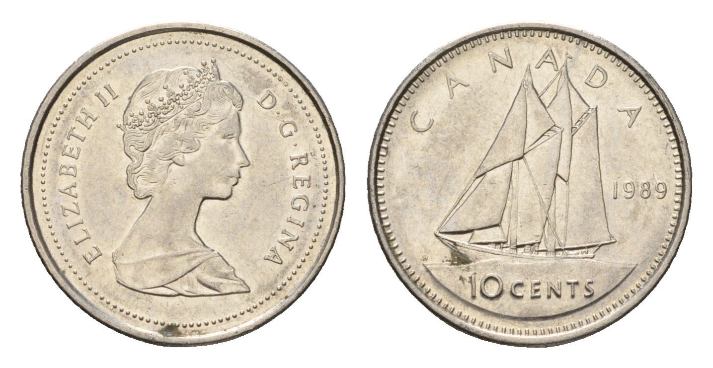 Канада 10 центов 1989 Елизавета II (1952-2022), парусник KM 77 никель 4689-559