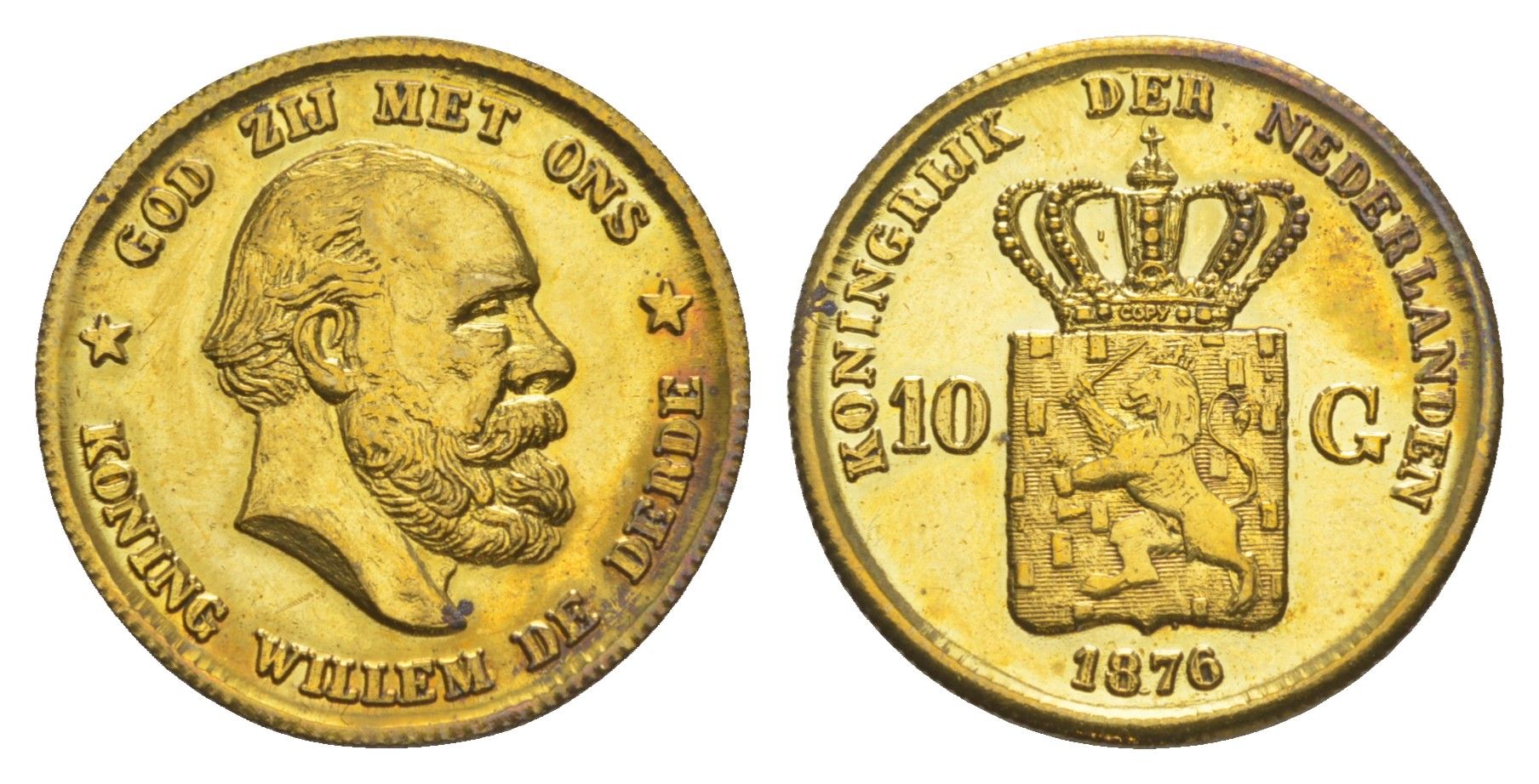 Нидерланды игрой жетон в 10 гульденов (КОПИЯ) 1875 диаметр 22 мм, вес 4,6 гр тип - KM 105 желтый металл 4644-816