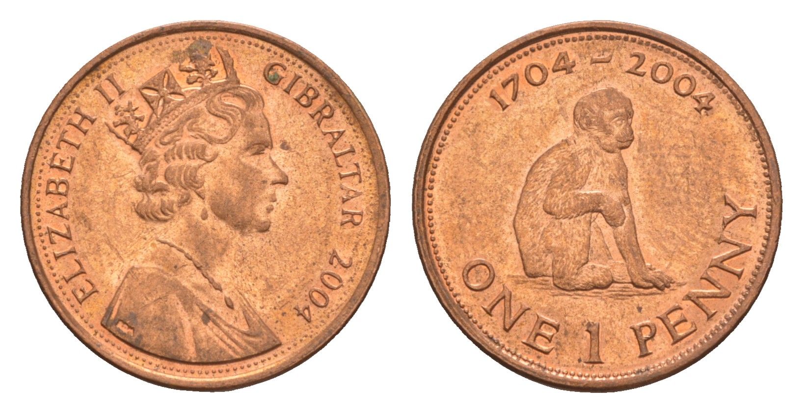 Гибралтар 1 пенни 2004 300 лет захвату Гибралтара KM 1046 сталь плакированная бронзой aUNC 4655-841