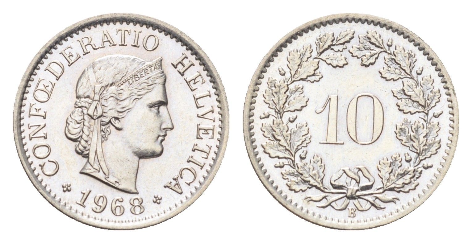Швейцария 10 раппенов 1968 B KM 27 медно-никель 4708-217