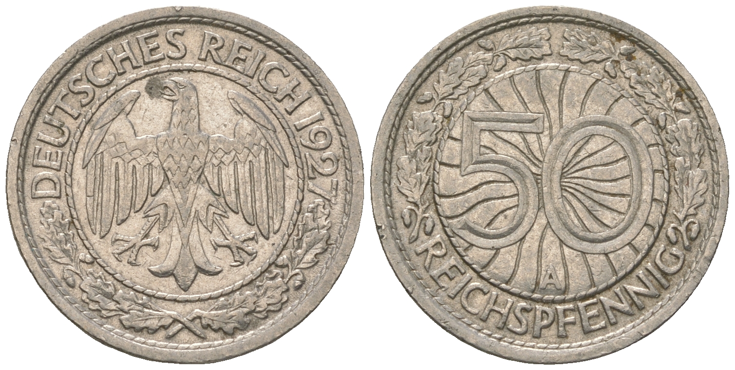 Германия 50 рейхспфеннигов 1927 A KM 49, J. 324 никель 4124-1216