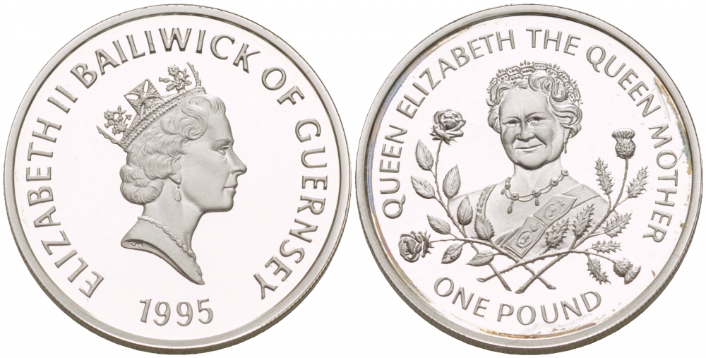 Гернси 1 фунт 1995 Королева Елизавета, королева мать KM 77 серебро PROOF 1094-6-52