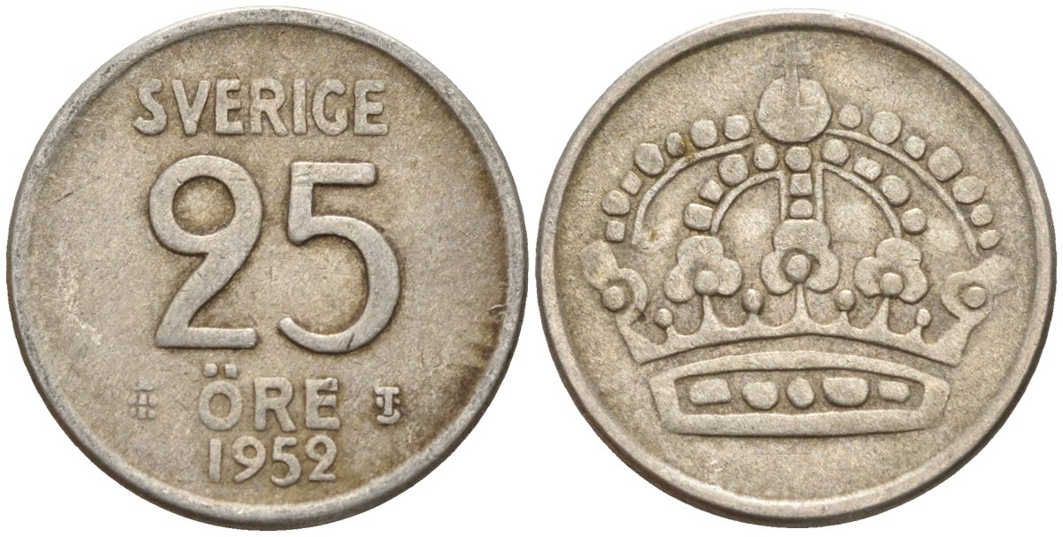 Швеция 25 эре 1952 TS, Густав VI Адольф (1950-1973) KM 824 серебро 4147-1025