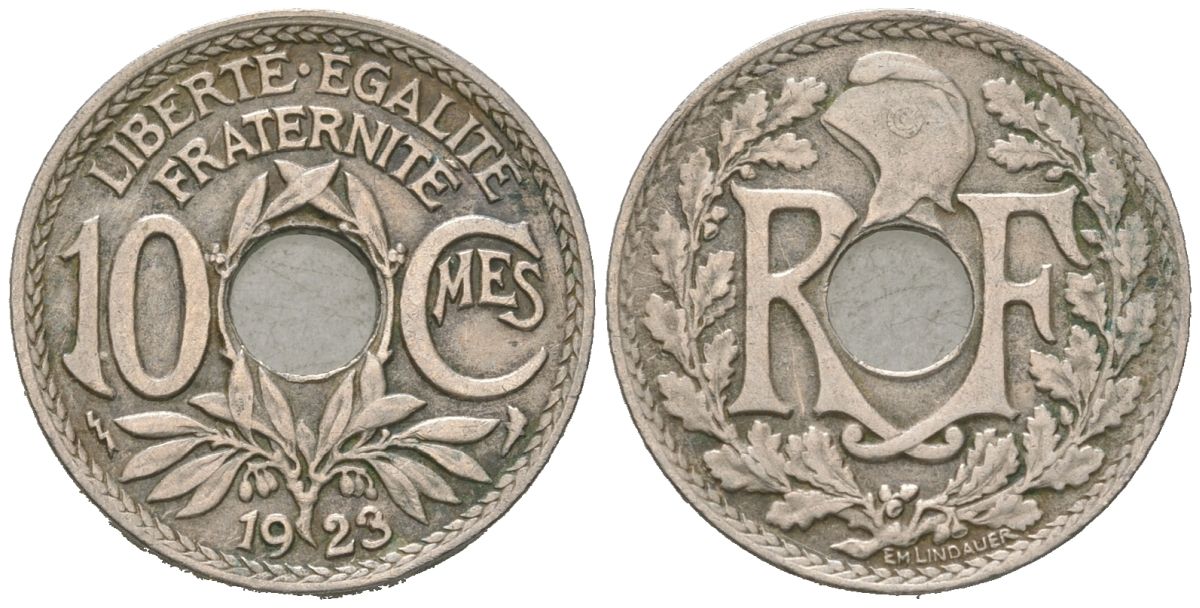 Франция 10 сантимов 1923 KM?866a, Le Franc 138/9 медно-никель 4584-523