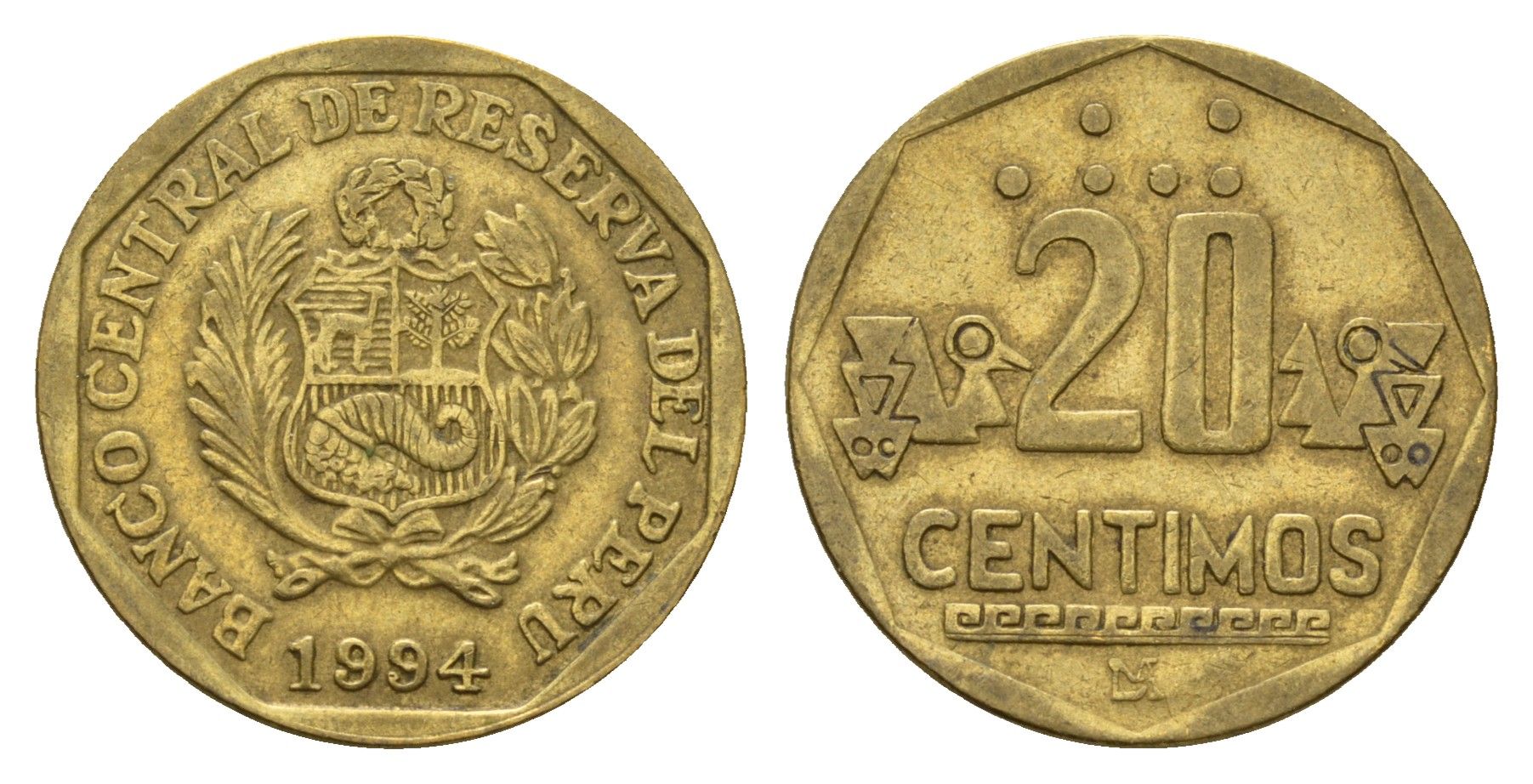 Перу 20 сентимо 1994 KM 306 латунь 4114-1144