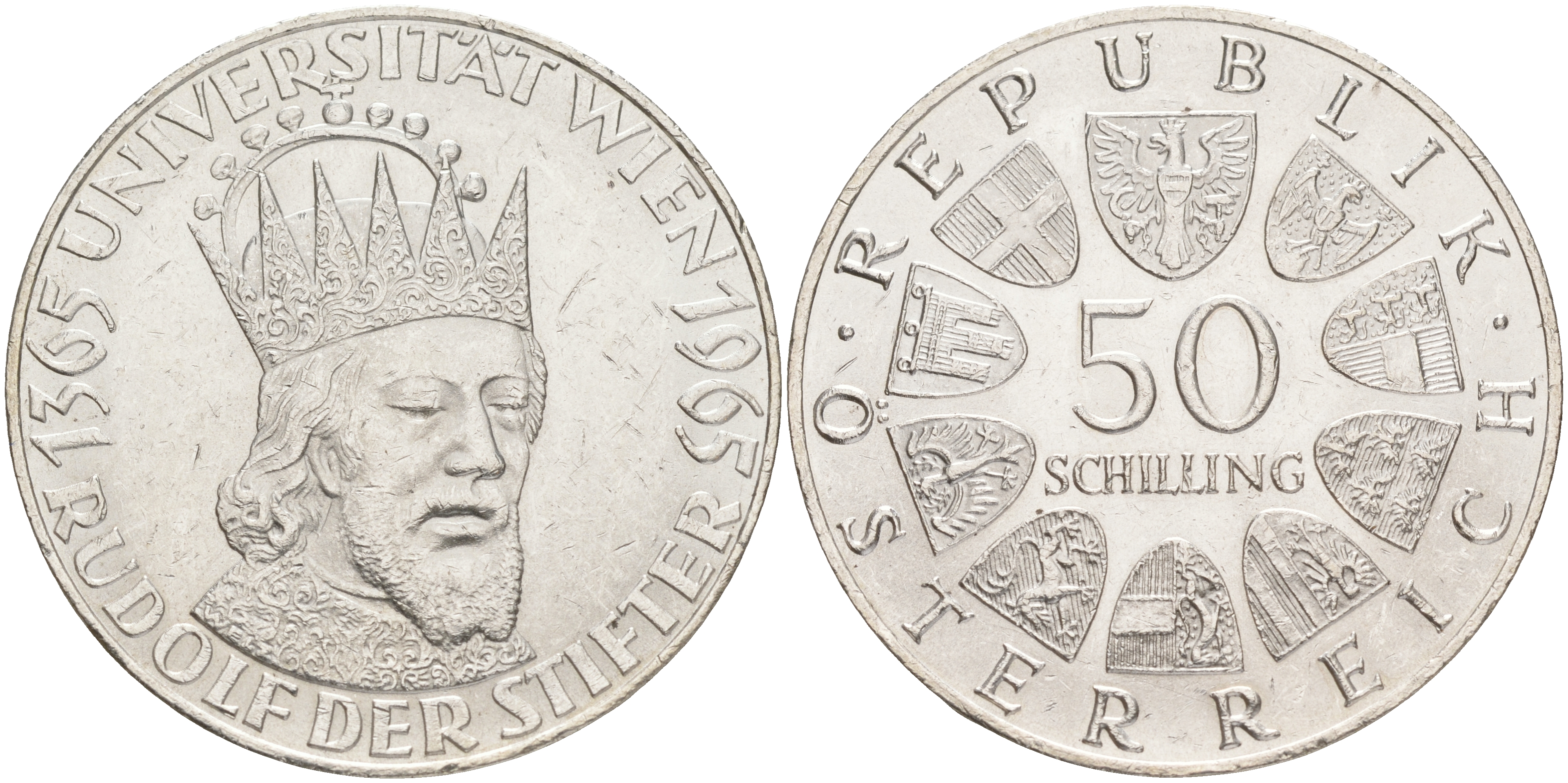 Австрия 50 шиллингов 1965 600 лет образования Университета Вены KM 2898 серебро aUNC 4557-312