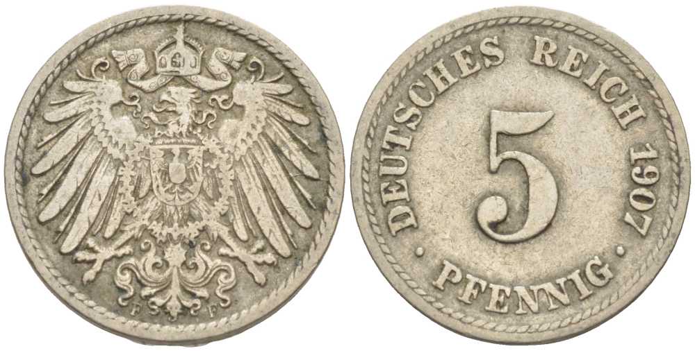 ГЕРМАНИЯ 5 ПФЕННИГОВ 1907 F KM 11, J. 12 медно-никель 105-126