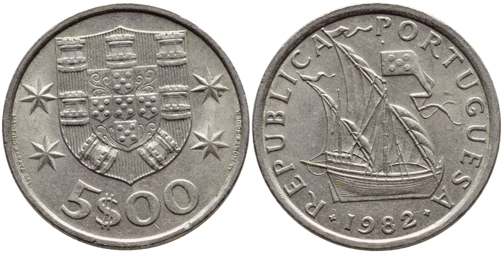 ПОРТУГАЛИЯ 5 ЭСКУДО 1982 ПАРУСНИК KM 591 медно-никель 4395-916