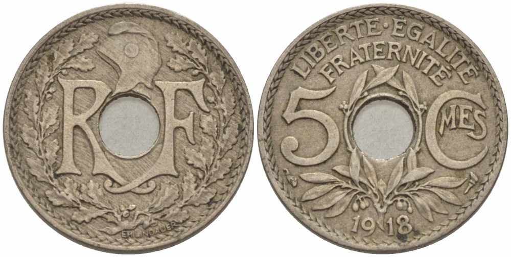 ФРАНЦИЯ 5 САНТИМОВ 1918 ТИП ЛИНДАЙЁ KM 865, LE FRANC 121.2 медно-никель 28-324