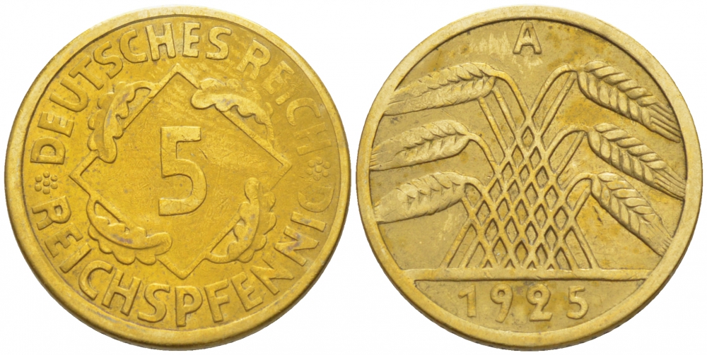 Германия 5 рейхспфеннигов 1925 A KM 39, J. 316, Weege 7 алюминиевая бронза 3996-1129