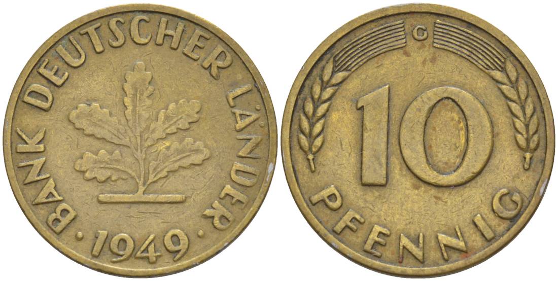 ФРГ 10 ПФЕННИГОВ 1949 G KM 103, J. 378 сталь плакированная латунью 219-422