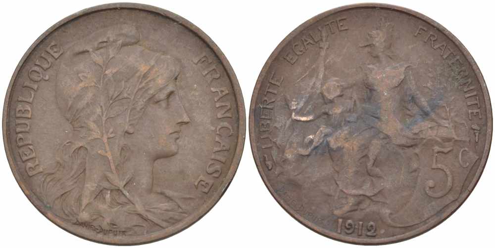 ФРАНЦИЯ 5 САНТИМОВ 1912 ТИП ДАНИЭЛЬ ДЮПЮИ KM 842, LE FRANC 119.24 бронза 108-937