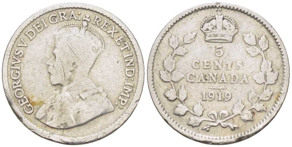 КАНАДА 5 ЦЕНТОВ 1919 ГЕОРГ V KM 22 серебро 206-241