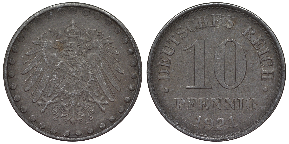 Германия 10 пфеннигов 1921 A KM 20, J. 298 железо 4119-236