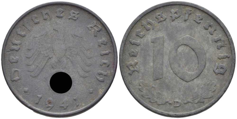 ГЕРМАНИЯ 10 РЕЙХСПФЕННИГОВ 1941 D KM 101, J. 371 цинк 4401-736