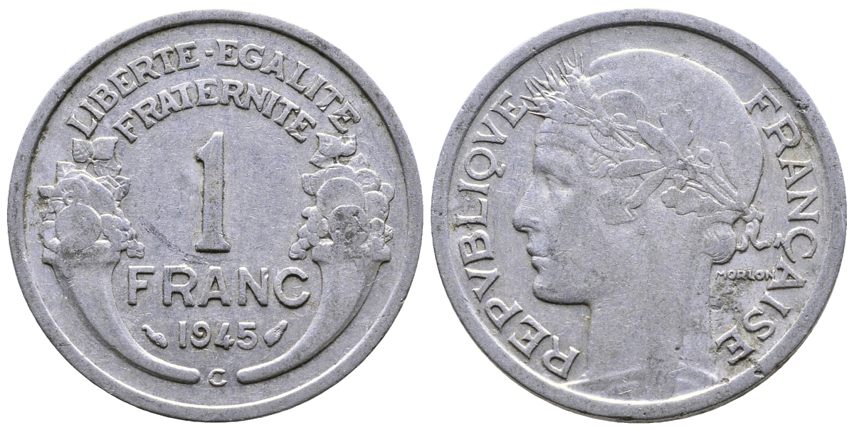 ФРАНЦИЯ 1 ФРАНК 1945 С KM 885а.3 алюминий 51-3326
