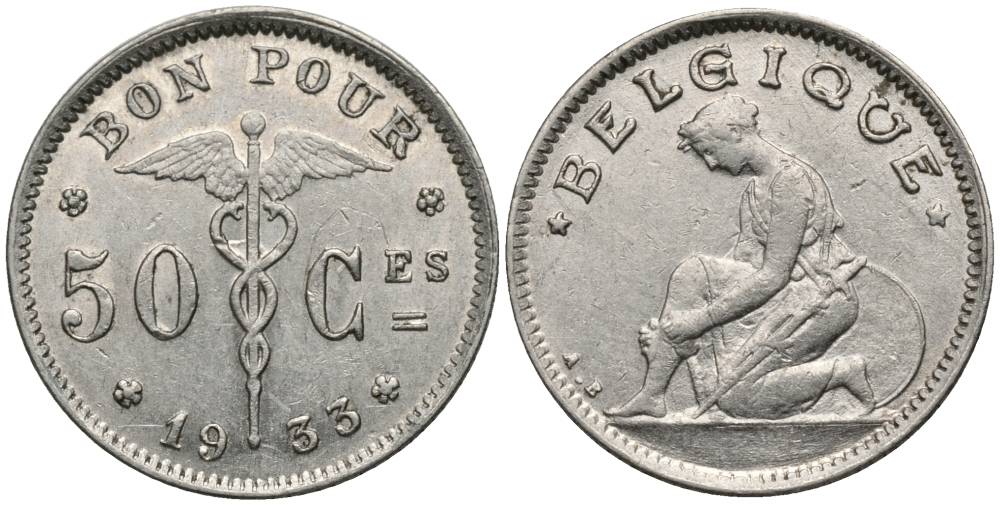 БЕЛЬГИЯ 50 САНТИМОВ 1933 BELGIQUE, АЛЬБЕРТ I (1909-1934) KM 87 никель 27-123
