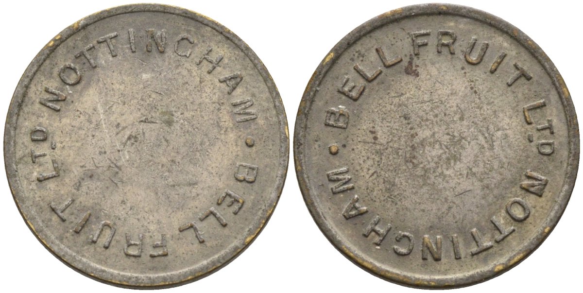 Англия игровой жетон ND BELL FRUIT, Ltd NOTTINGHAM, диаметр 18,5 мм. белый металл 4585-662